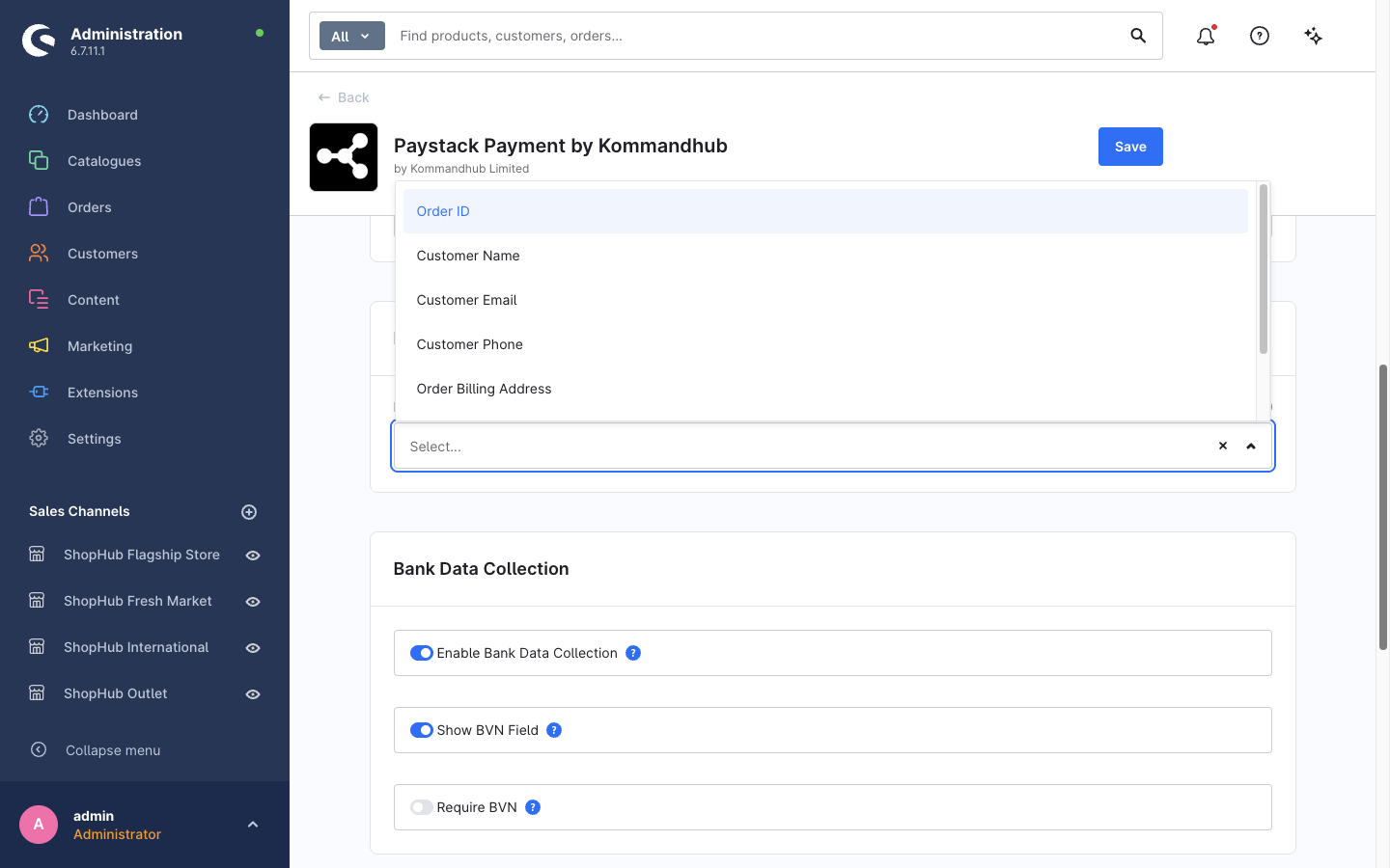 The Metadata to Send options list