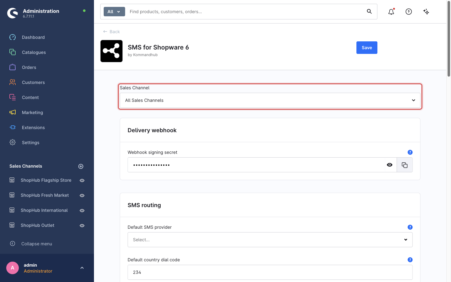 The plugin configuration page with the Sales Channel selector marked