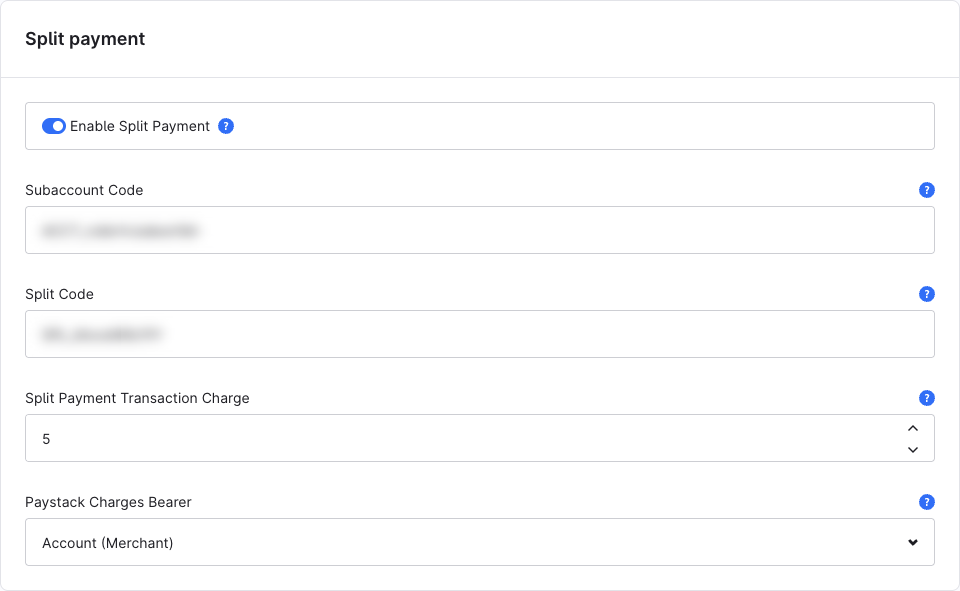 Split Payment card with subaccount code, split code, transaction charge and charges bearer (codes blurred)