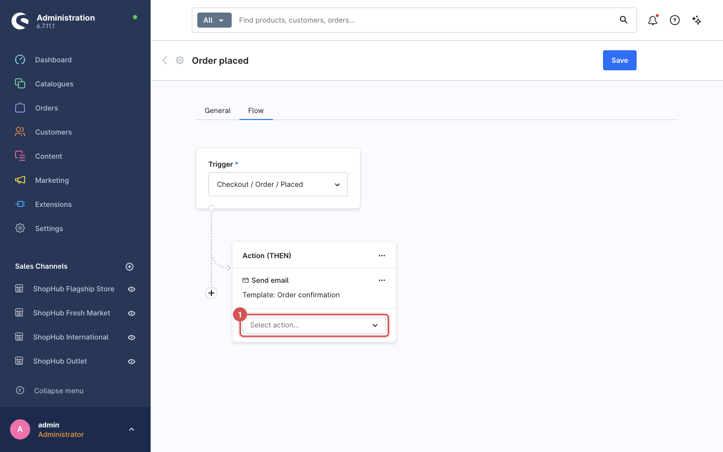 The "Order placed" flow with its Send email action and the "Select action…" field (1)