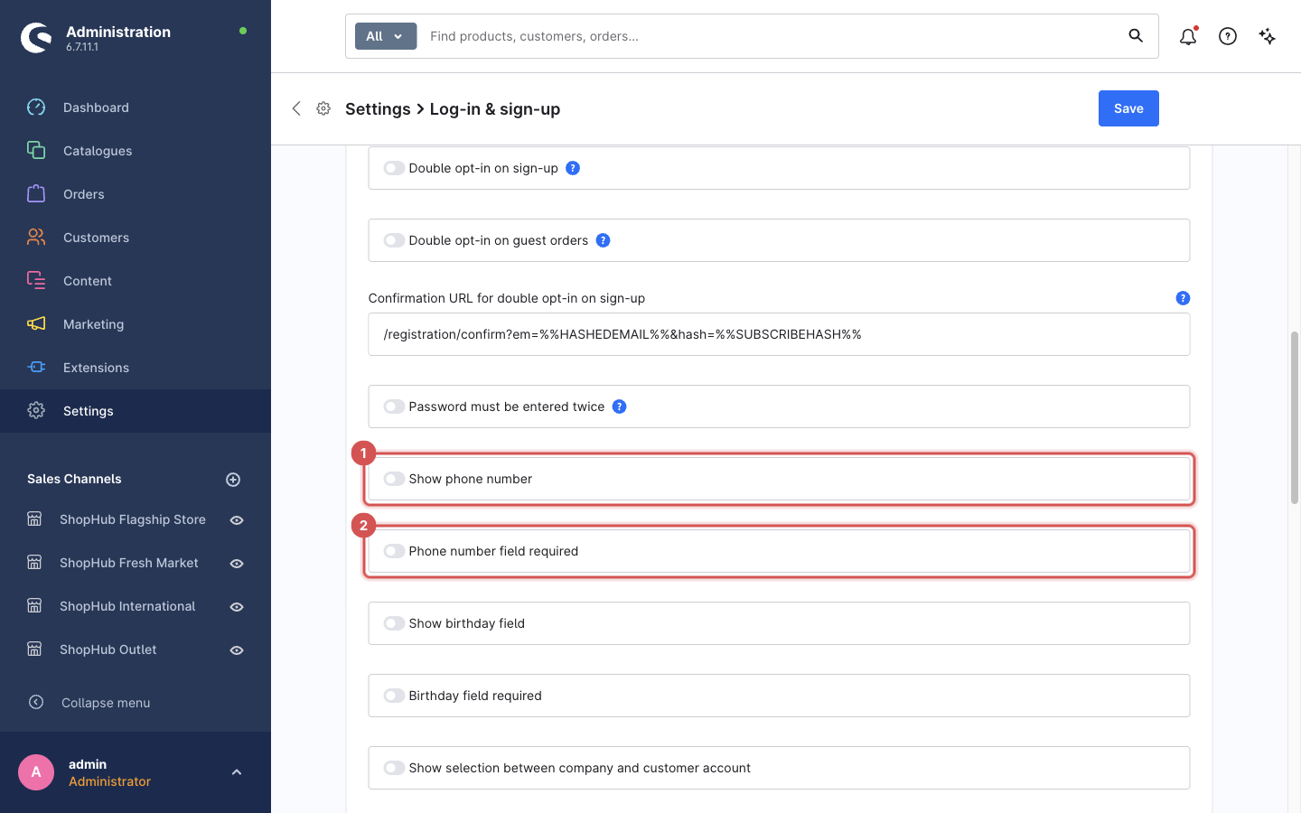 Log-in & sign-up with the two phone settings marked