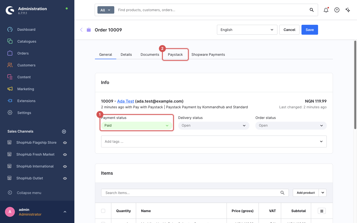 Order General tab: payment status Paid and the Paystack tab