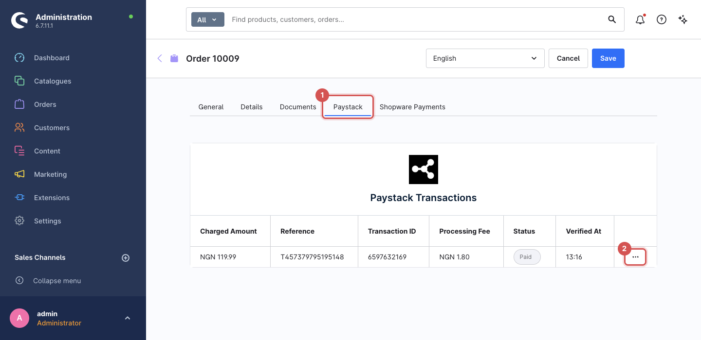 Paystack tab: the tab and the ⋯ menu of the transaction row