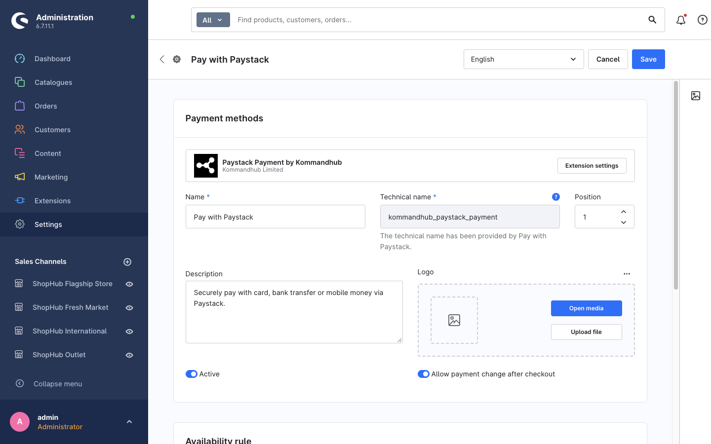 Pay with Paystack detail page: name, description, logo, Active and Allow payment change after checkout