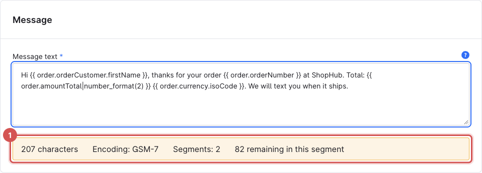 The counter showing 207 characters and 2 segments for a longer message