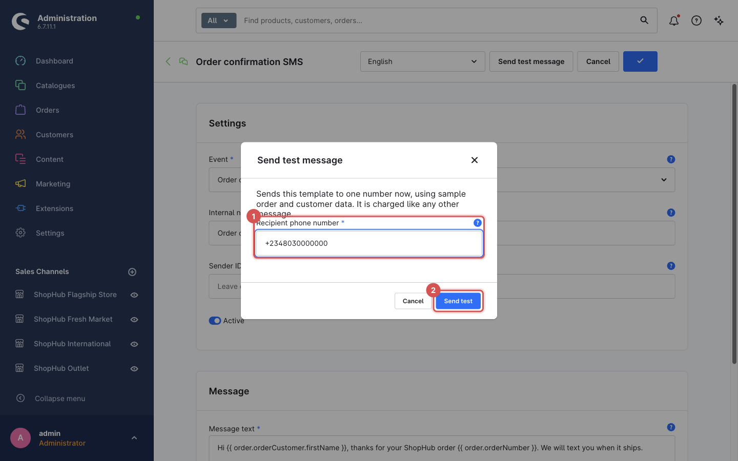 The Send test message dialog