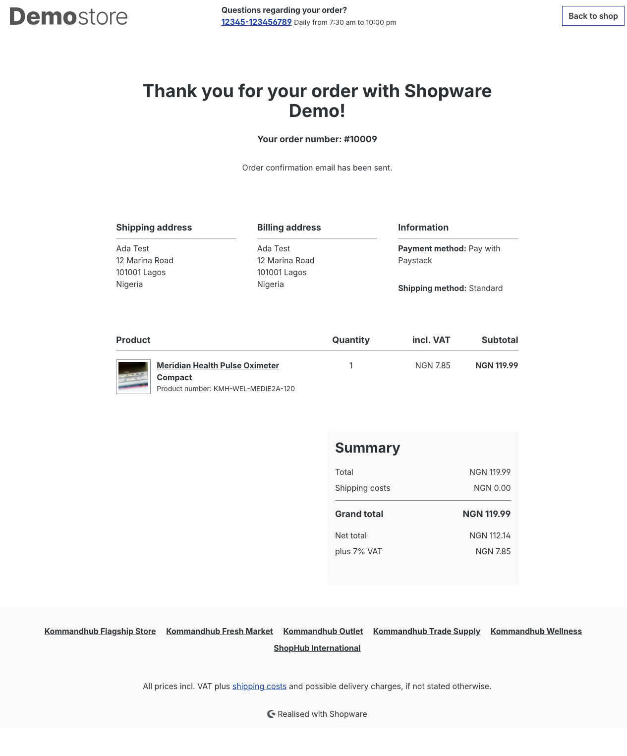Shopware order confirmation page after paying with Paystack