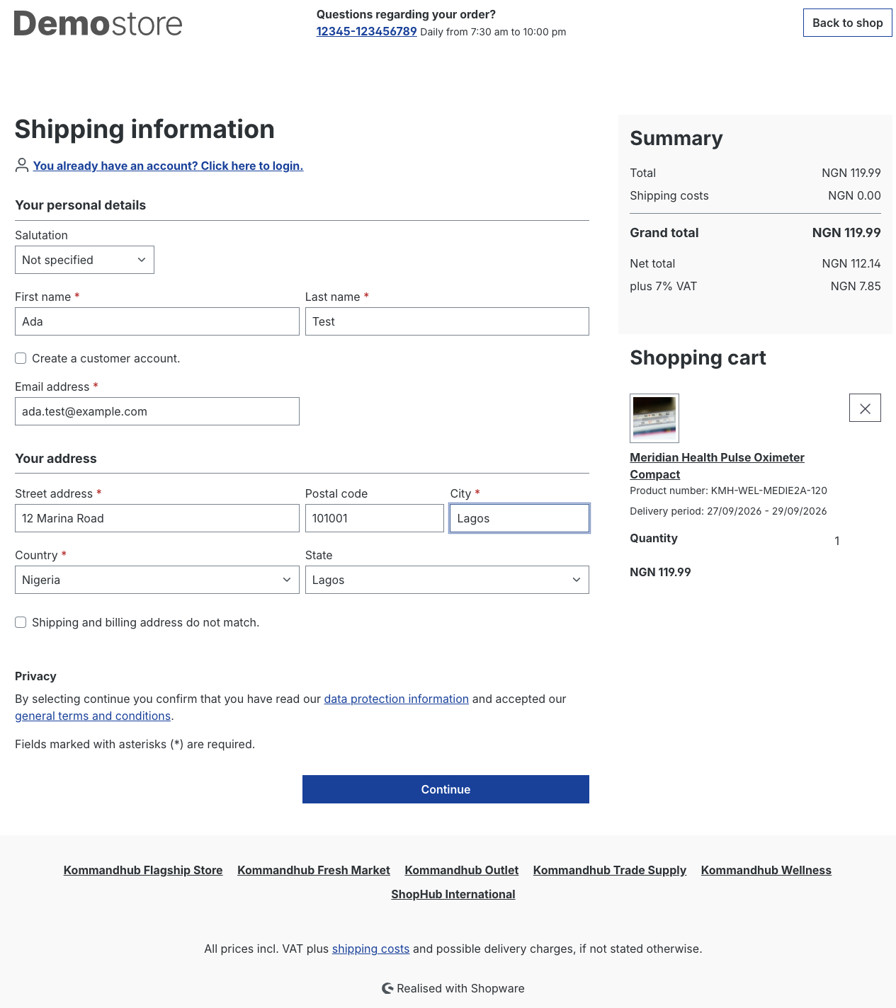 Guest checkout form with name, email and a Lagos address