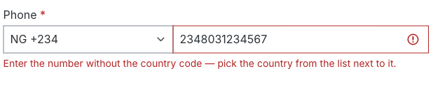 The number box in red with the message "Enter the number without the country code — pick the country from the list next to it."